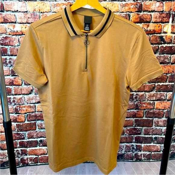 H&M Shirts Hm Mens Brown Black Stripe Polo Shirt Zipper Neck